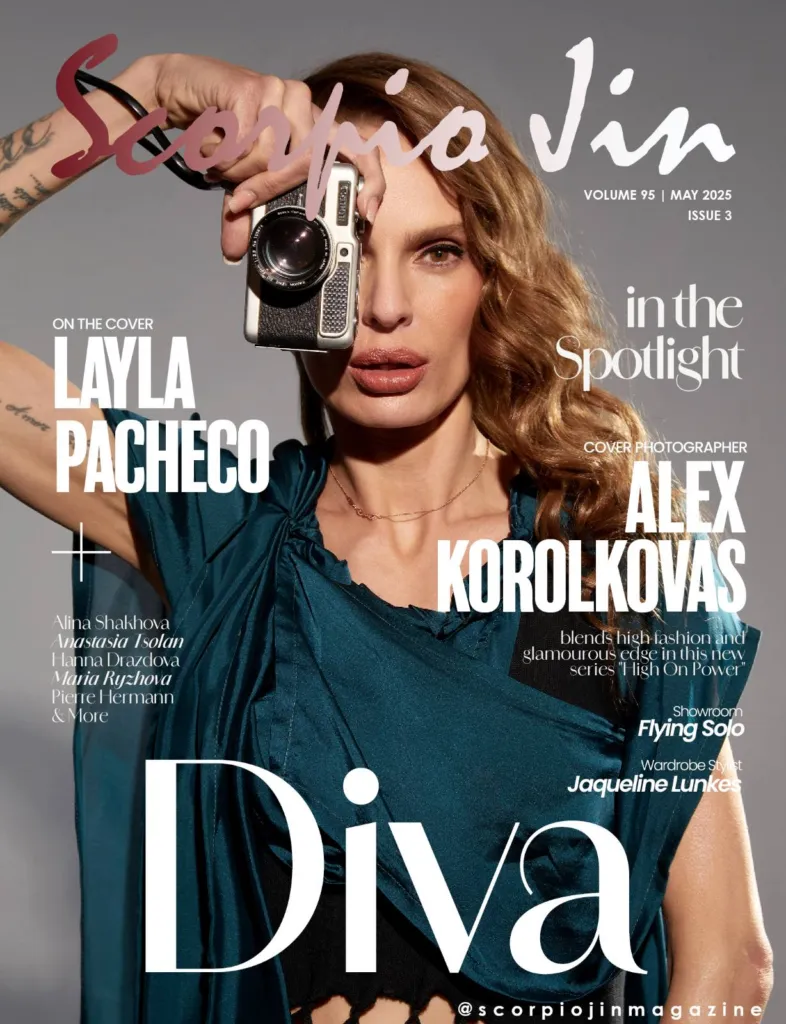 Бразилският топмодел Лайла Пачеко в рокля “Power” на Аксел Харди на корицата на Scorpio Jin Magazine. Фото: Алекс Королковас